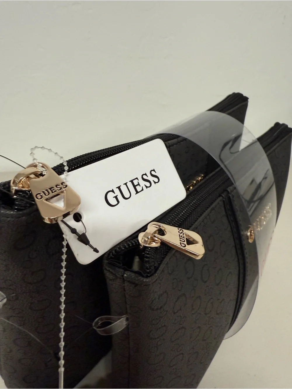 Guess Embossed Cosmetic Pouch Bag 2 pcs Set Full Zipper Black With Print logo